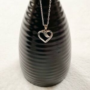10K White Gold Heart Pendant Baguette & Round Accents 14K White Gold Chain 16”